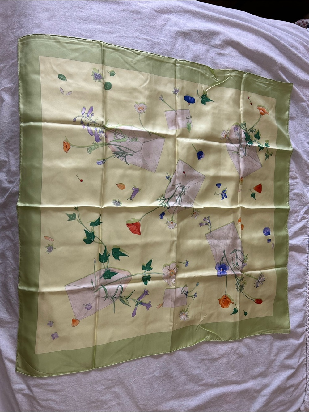 Hermes La Maison Pale Green Floral Silk Scarf with Pastel Blooms